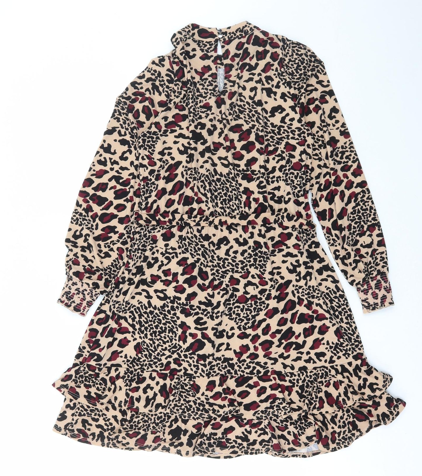 Oasis Womens Brown Animal Print Polyester Fit & Flare Size M High Neck Button