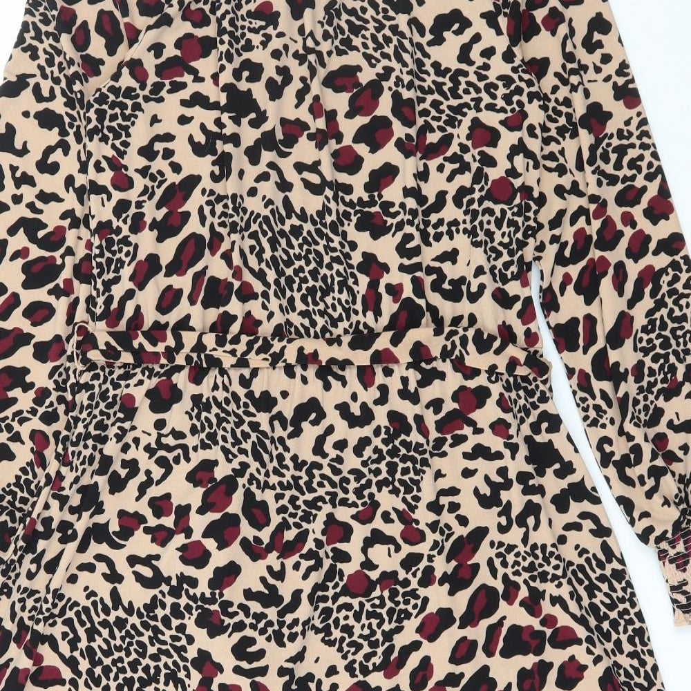 Oasis Womens Brown Animal Print Polyester Fit & Flare Size M High Neck Button