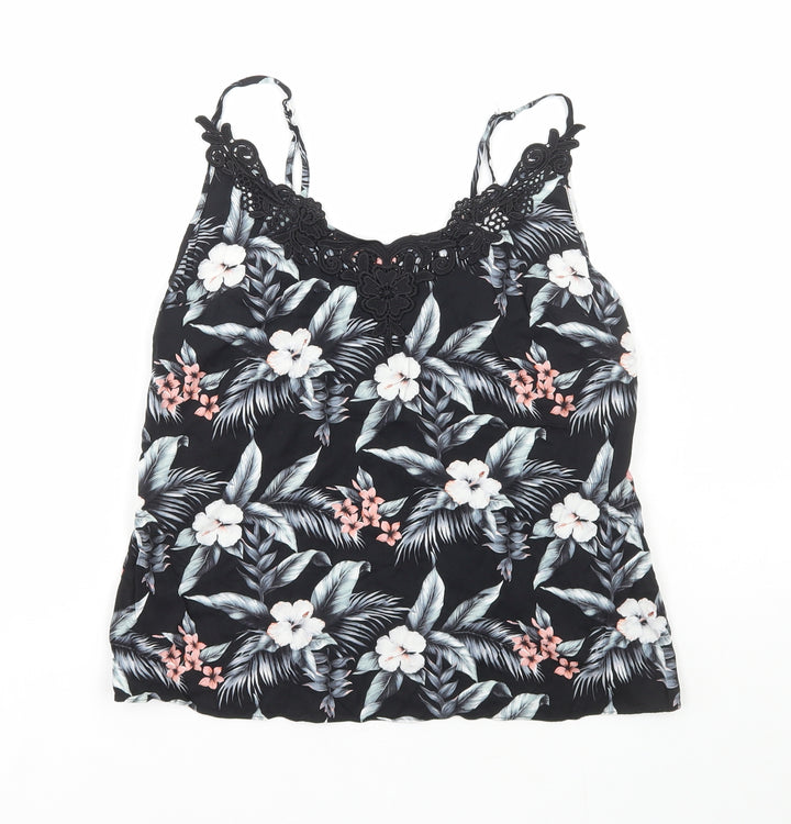 Oasis Womens Black Floral Viscose Camisole Tank Size 8 Scoop Neck - Lace Detail