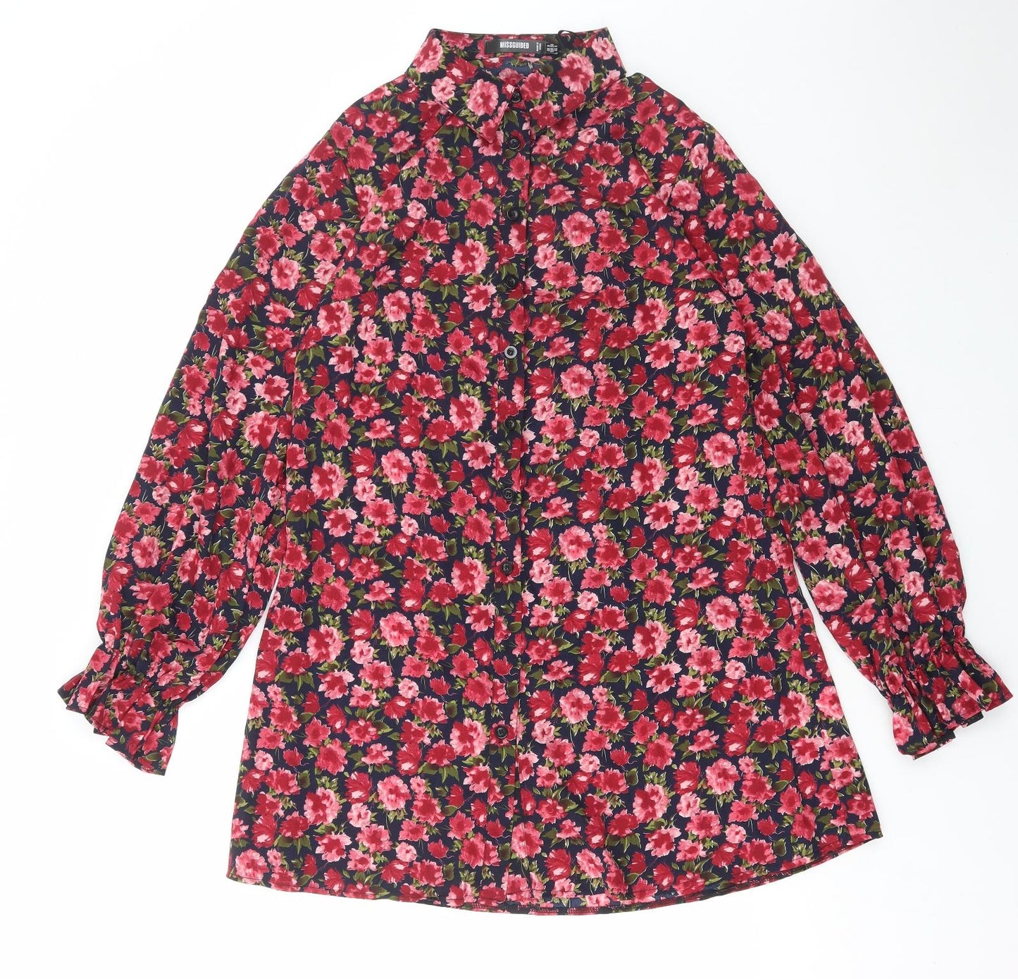 Missguided Womens Red Floral Polyester Basic Button-Up Size 8 Collared