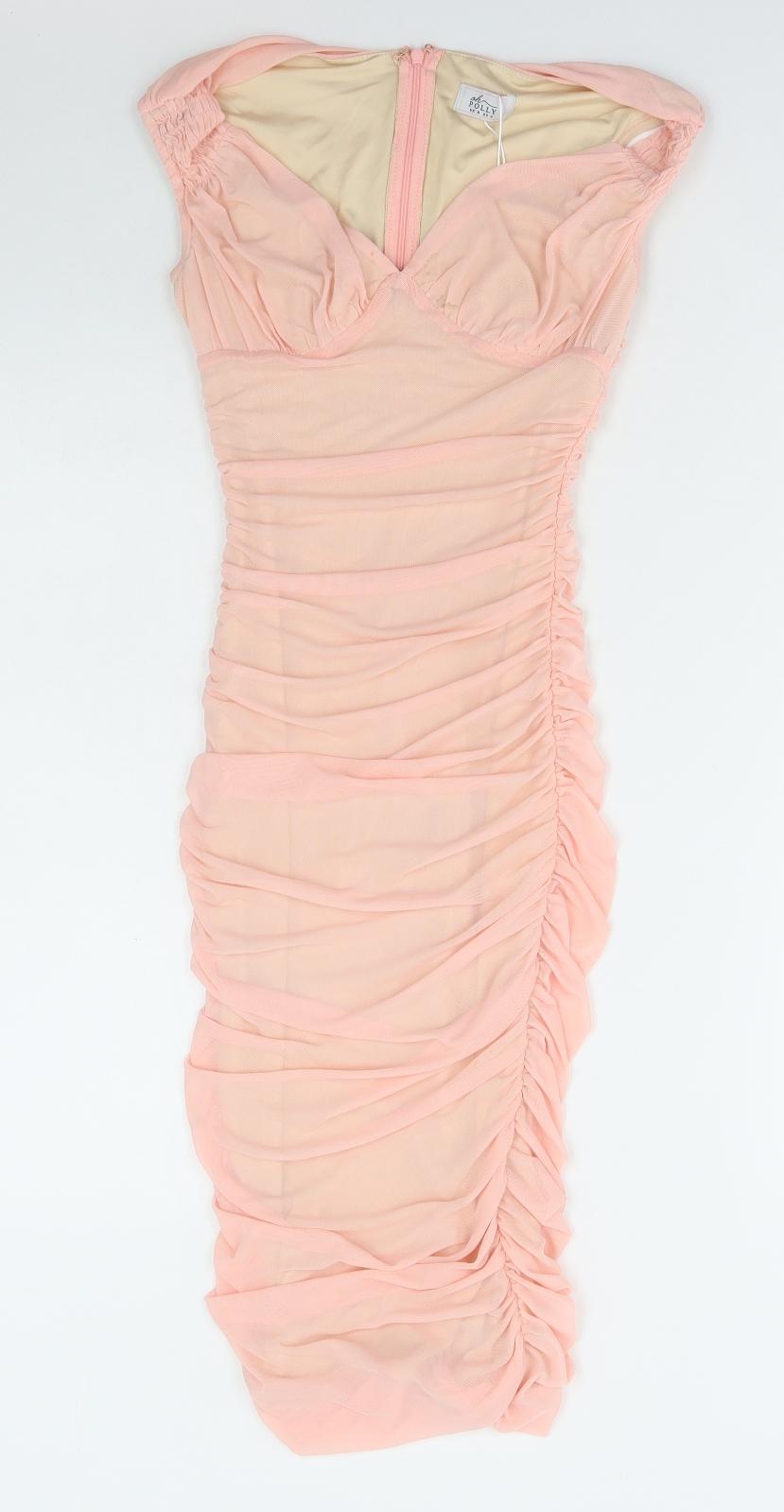 Oh Polly Womens Pink Polyester Bodycon Size 8 V-Neck Zip