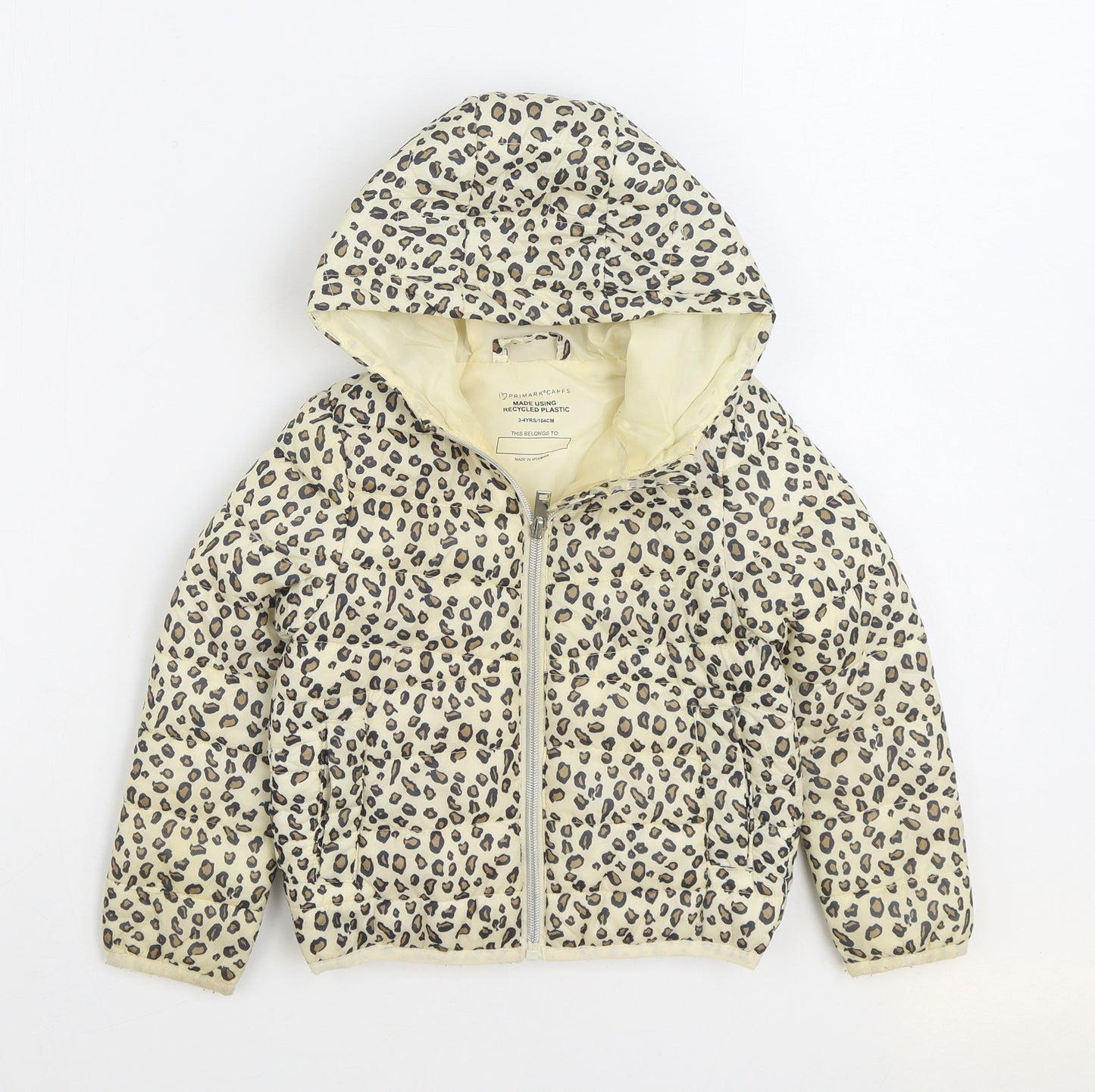 Primark Girls Multicoloured Animal Print Puffer Jacket Coat Size 3-4 Years Zip - Leopard Print