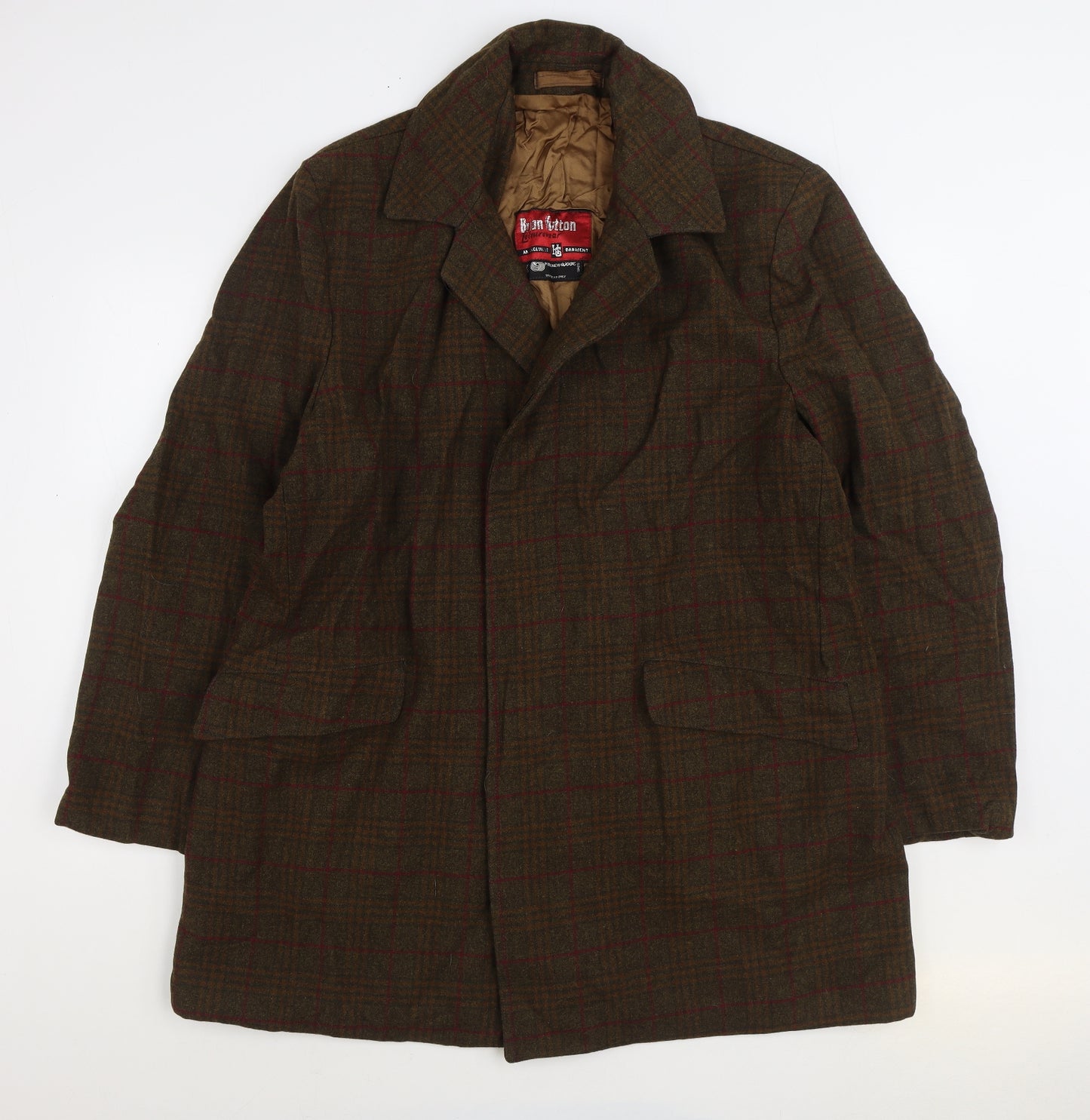 Bran Hutton Mens Brown Plaid Overcoat Coat Size L Button