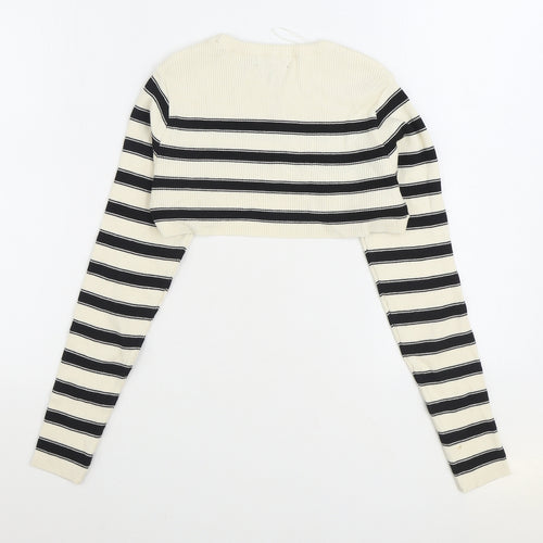 Primark Womens White Round Neck Striped Viscose Pullover Jumper Size S - Cropped