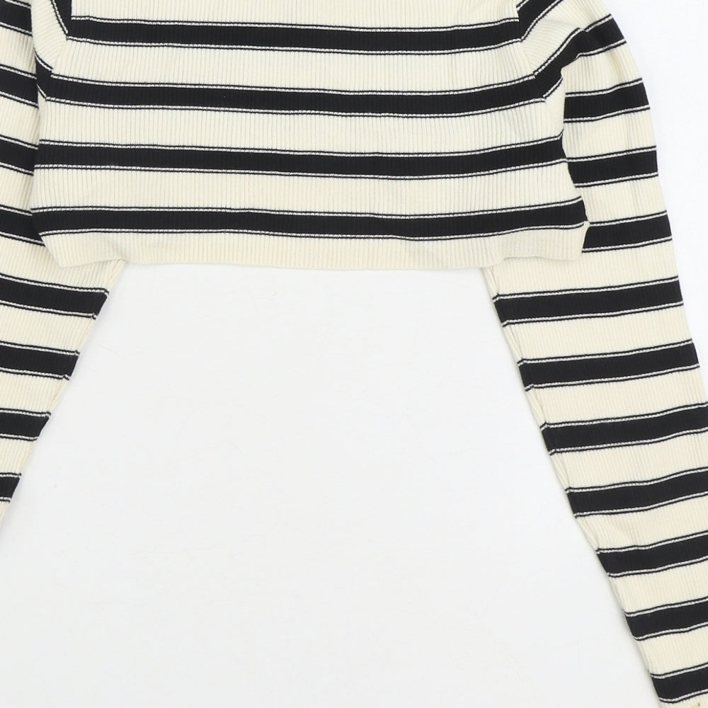 Primark Womens White Round Neck Striped Viscose Pullover Jumper Size S - Cropped