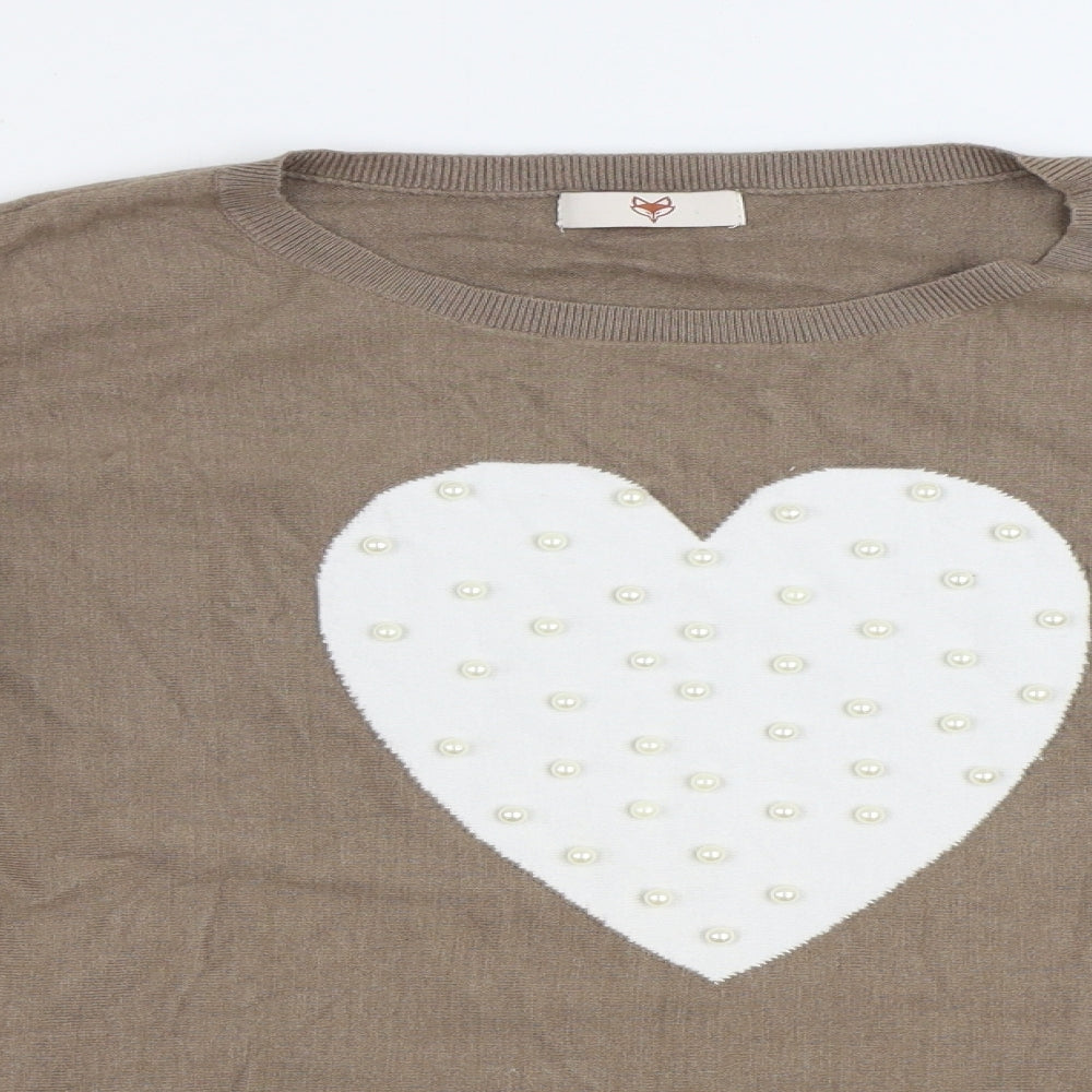 Fox Womens Brown Round Neck Viscose Pullover Jumper One Size - Heart
