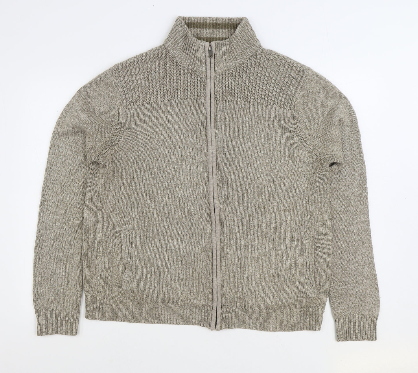 Marks and Spencer Mens Beige High Neck Acrylic Full Zip Jumper Size L