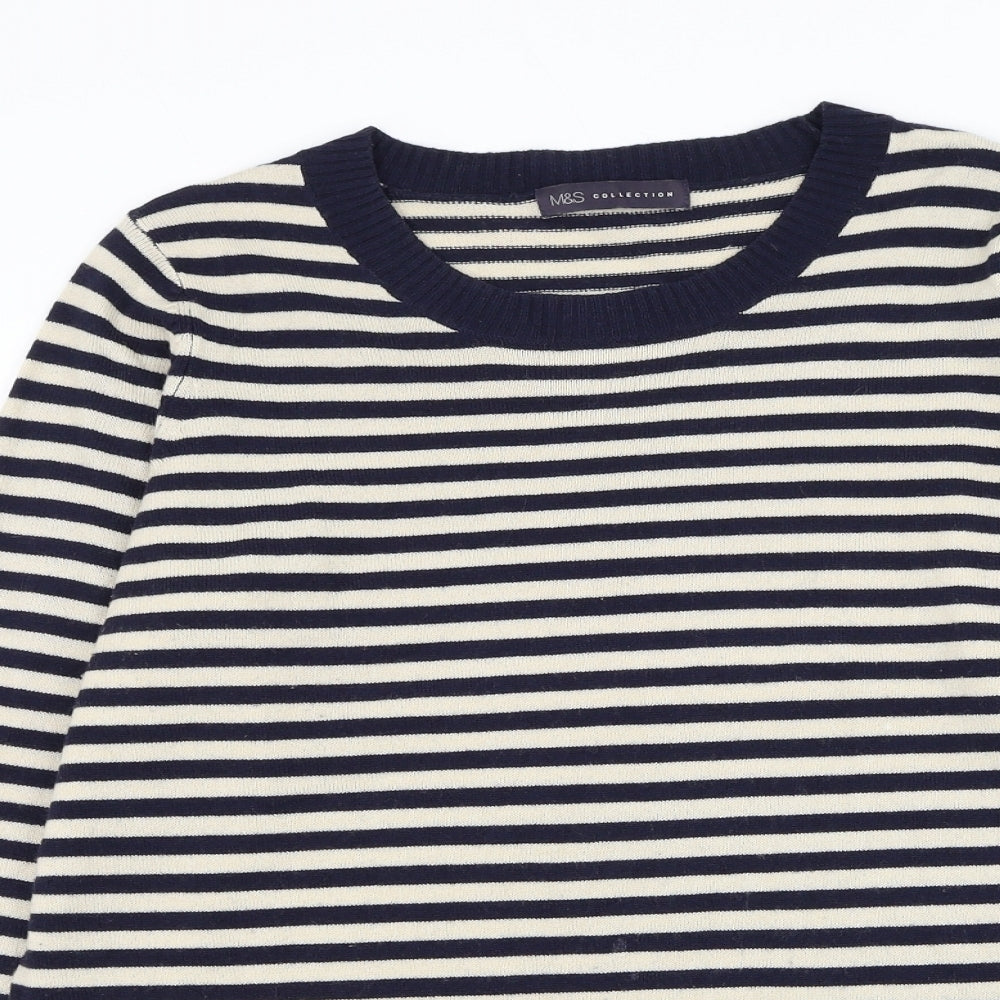 Marks and Spencer Womens Blue Round Neck Striped Acrylic Pullover Jumper Size 16