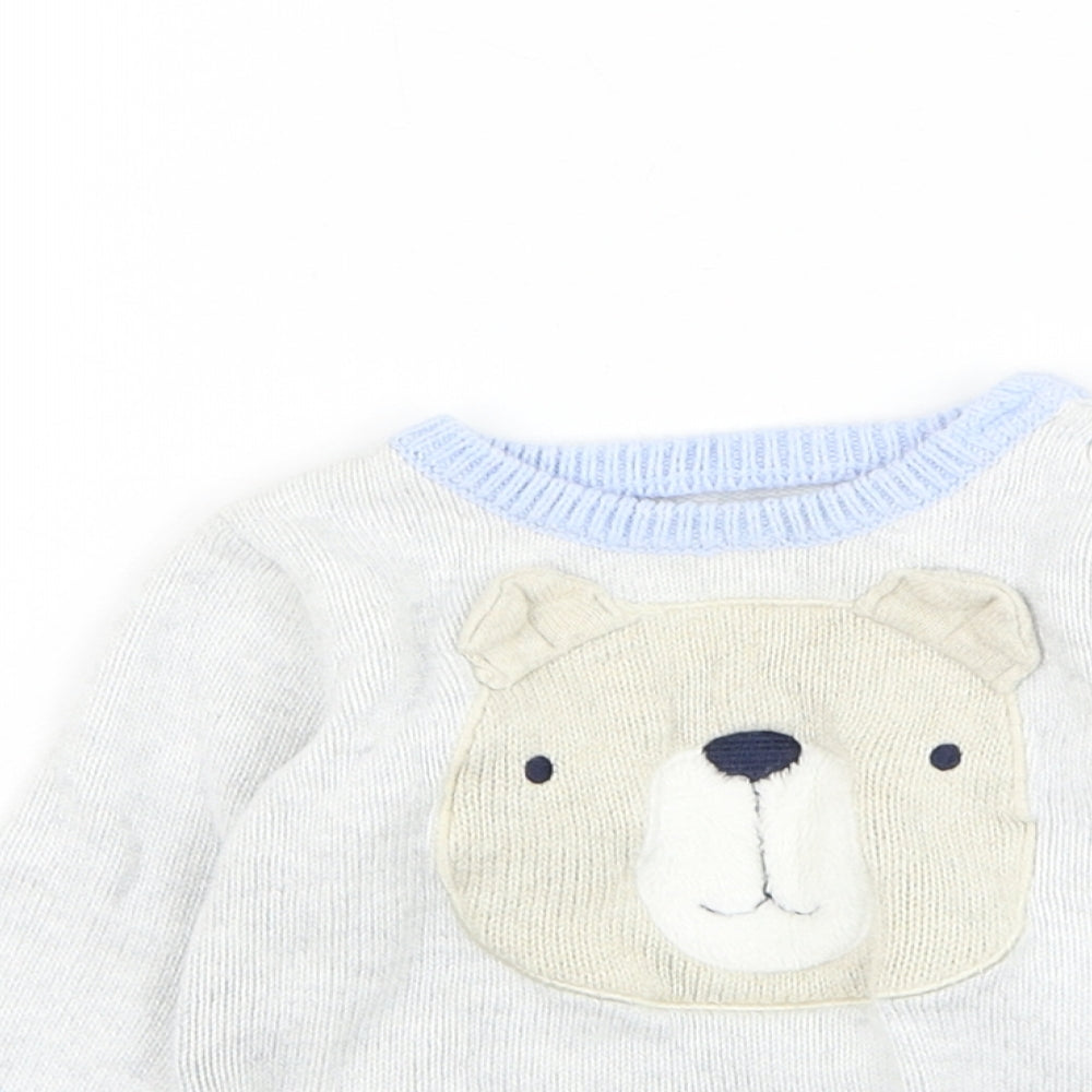 TU Boys Grey Cotton Pullover Jumper Size 0-3 Months Button - Bear