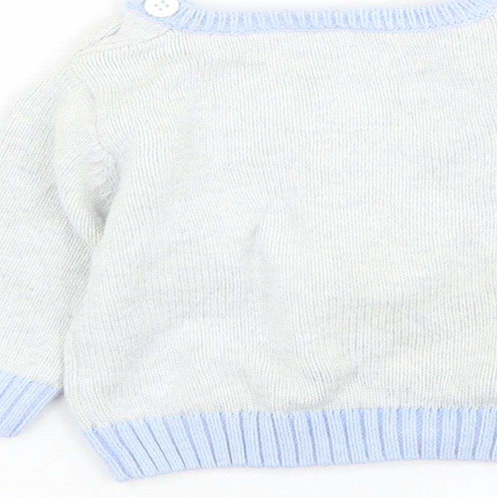 TU Boys Grey Cotton Pullover Jumper Size 0-3 Months Button - Bear