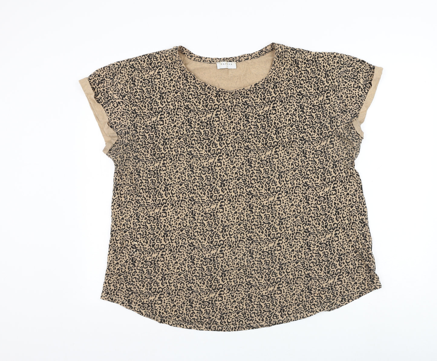 Papaya Womens Brown Animal Print Polyester Basic T-Shirt Size L Round Neck