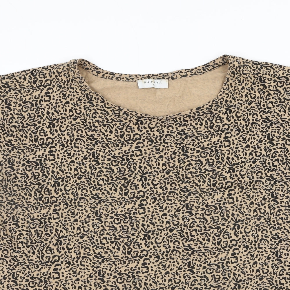 Papaya Womens Brown Animal Print Polyester Basic T-Shirt Size L Round Neck