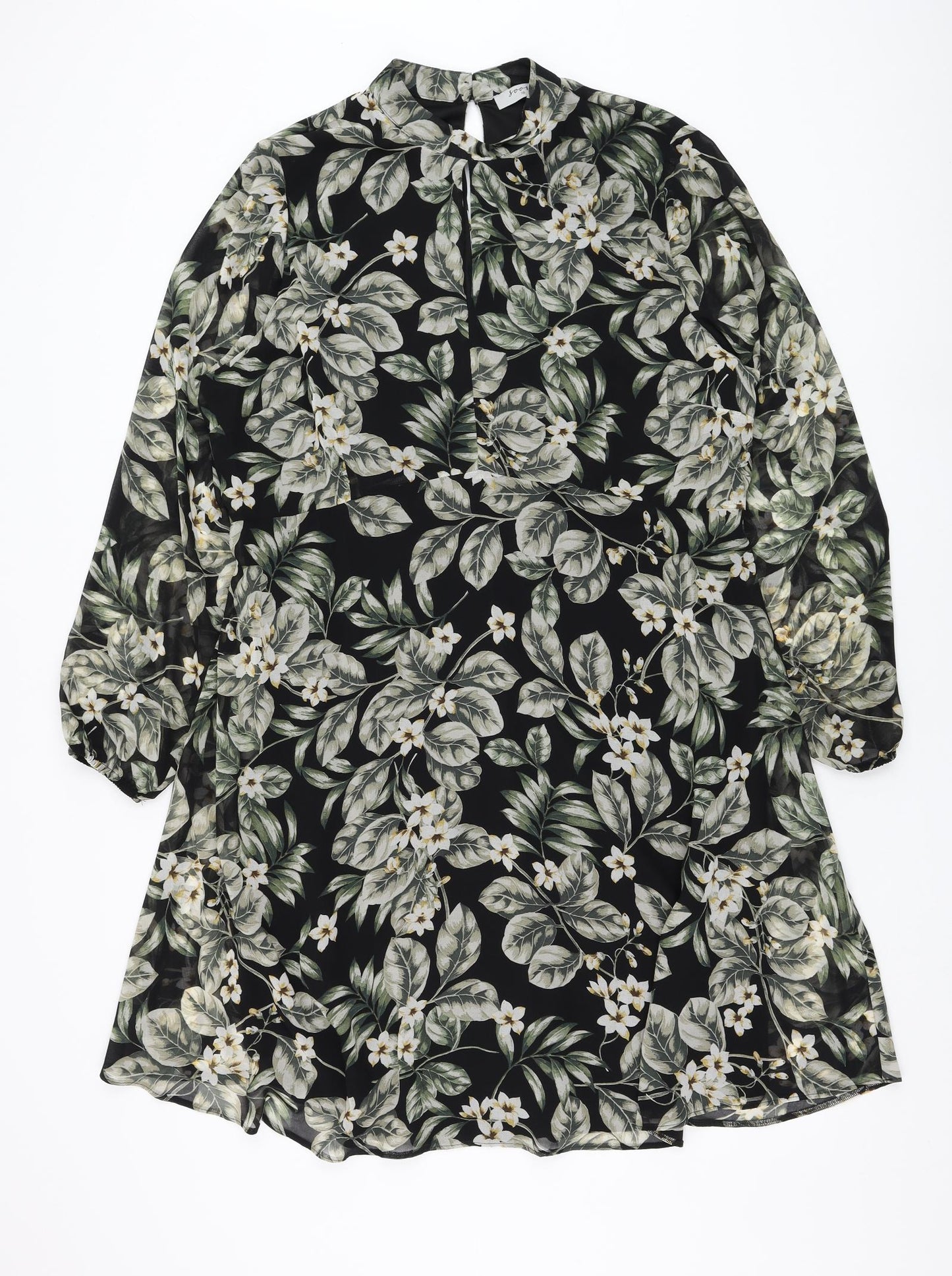 Matalan Womens Black Floral Polyester Fit & Flare Size 18 Round Neck Button