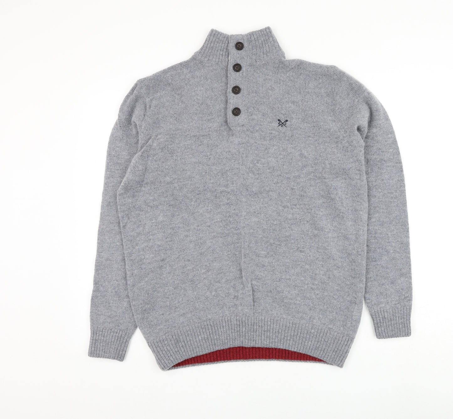Crew Clothing Mens Grey High Neck Wool Henley Jumper Size L