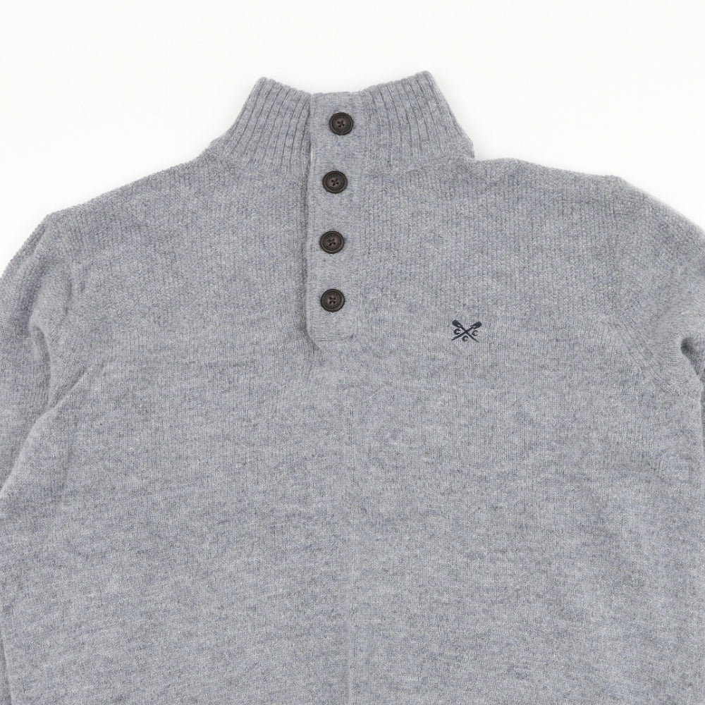 Crew Clothing Mens Grey High Neck Wool Henley Jumper Size L