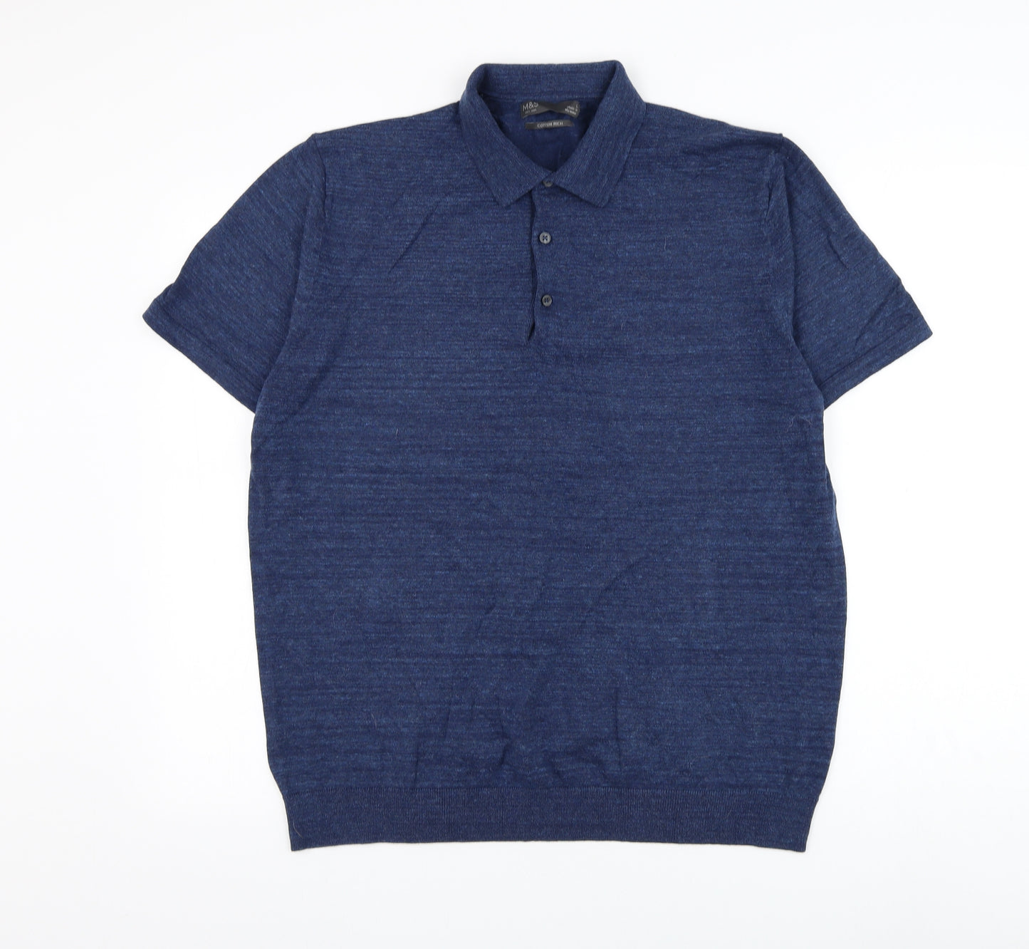 Marks and Spencer Mens Blue Cotton Polo Size L Collared Button