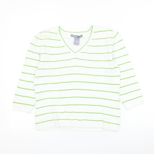 Carroll Reed Womens White Round Neck Striped Cotton Pullover Jumper Size S