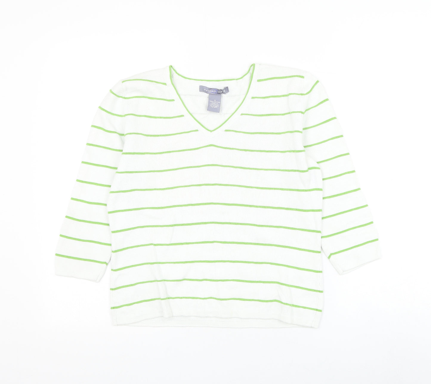 Carroll Reed Womens White Round Neck Striped Cotton Pullover Jumper Size S
