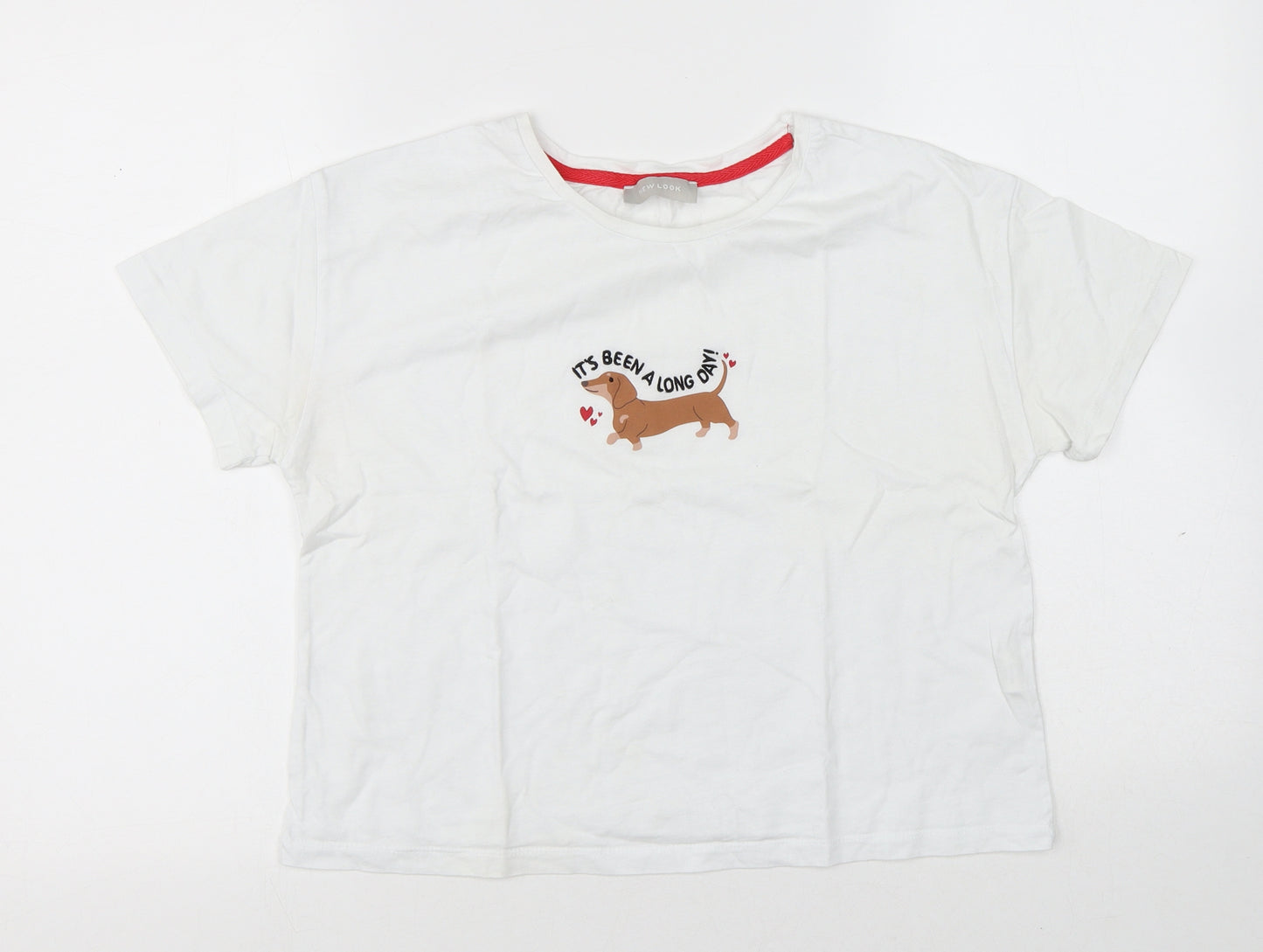 New Look Womens White Cotton Jersey T-Shirt Size S Round Neck - Sausage Dog