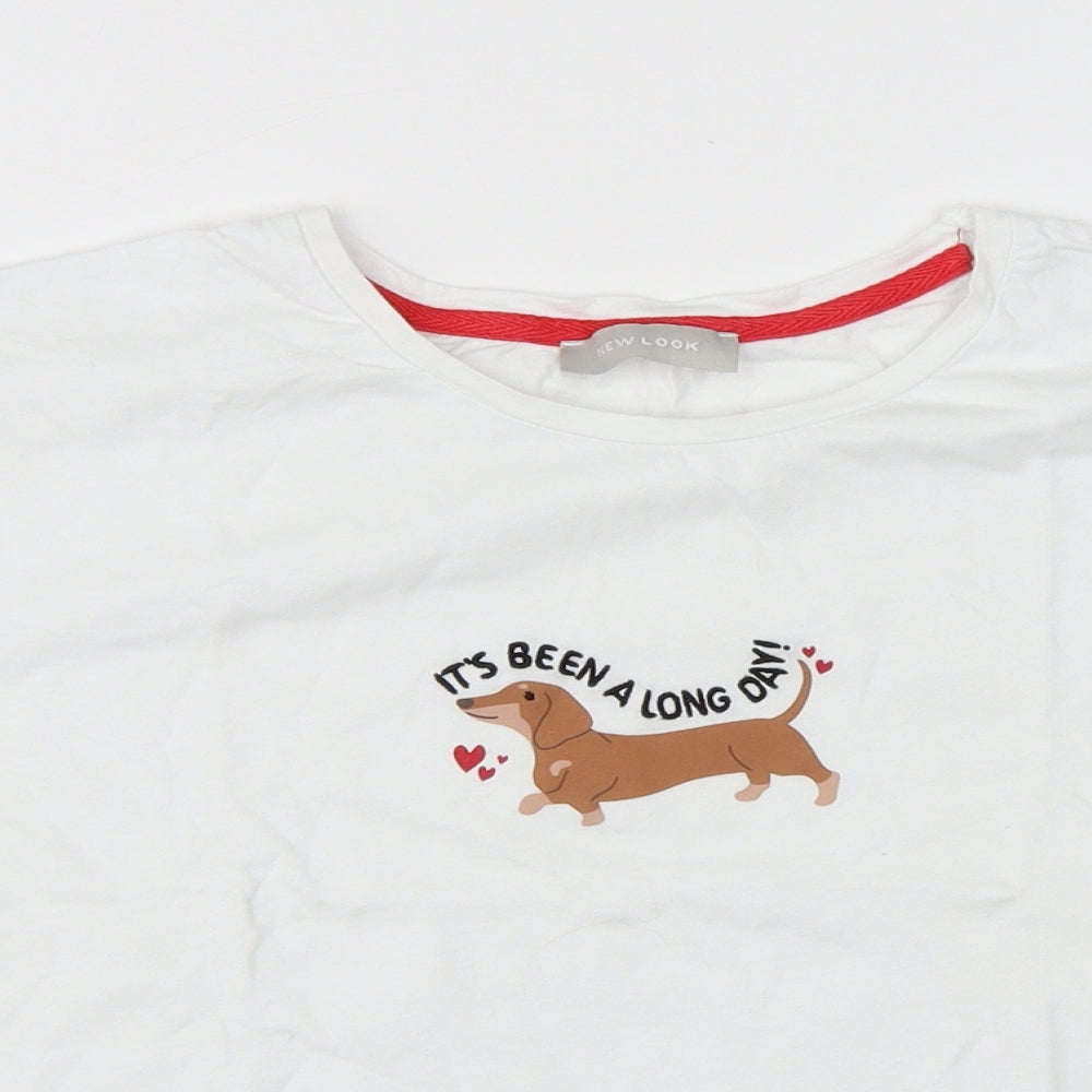 New Look Womens White Cotton Jersey T-Shirt Size S Round Neck - Sausage Dog