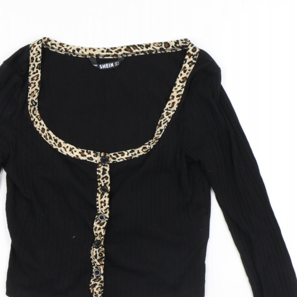 SheIn Womens Black V-Neck Animal Print Cotton Cardigan Jumper Size S - Leopard Print