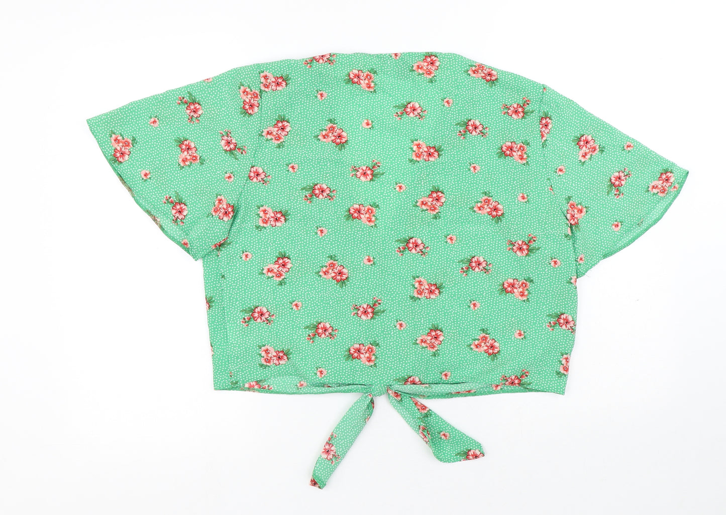 Primark Womens Green Floral Polyester Basic T-Shirt Size 14 V-Neck - Tie Front