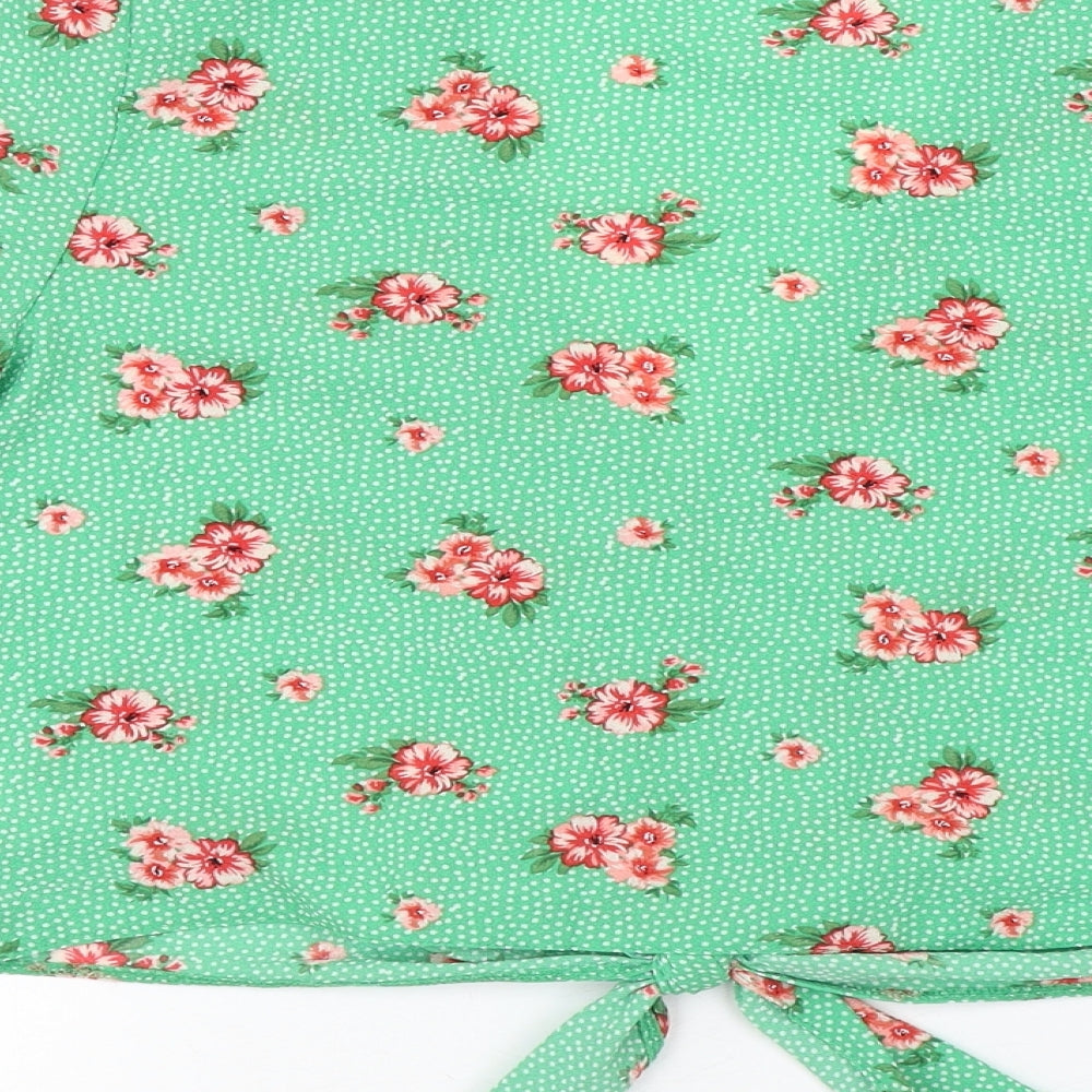 Primark Womens Green Floral Polyester Basic T-Shirt Size 14 V-Neck - Tie Front