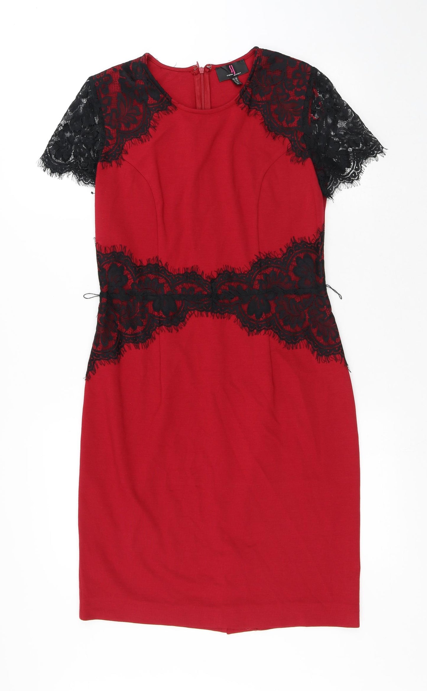 Simon Jefferey Womens Red Polyester Pencil Dress Size 10 Round Neck Zip - Lace