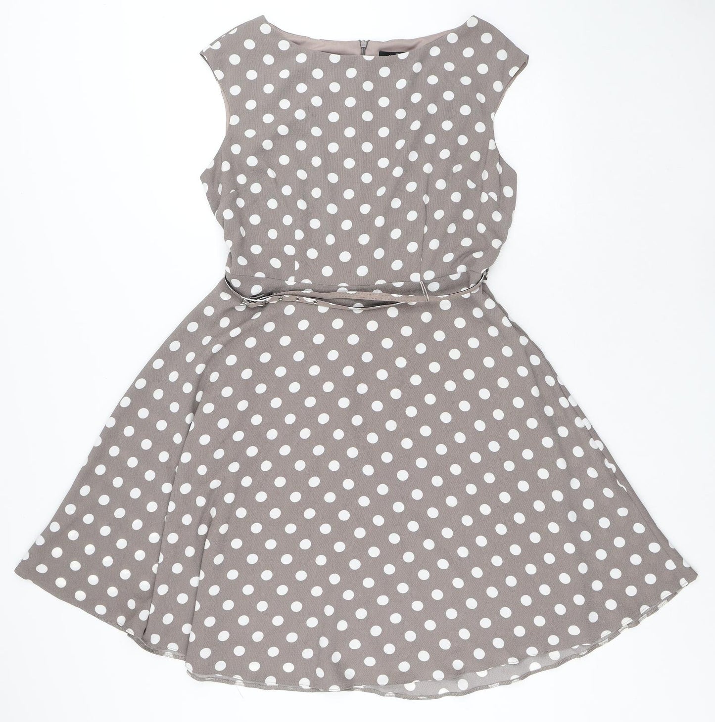 Wallis Womens Brown Polka Dot Polyester A-Line Size 14 Round Neck Zip