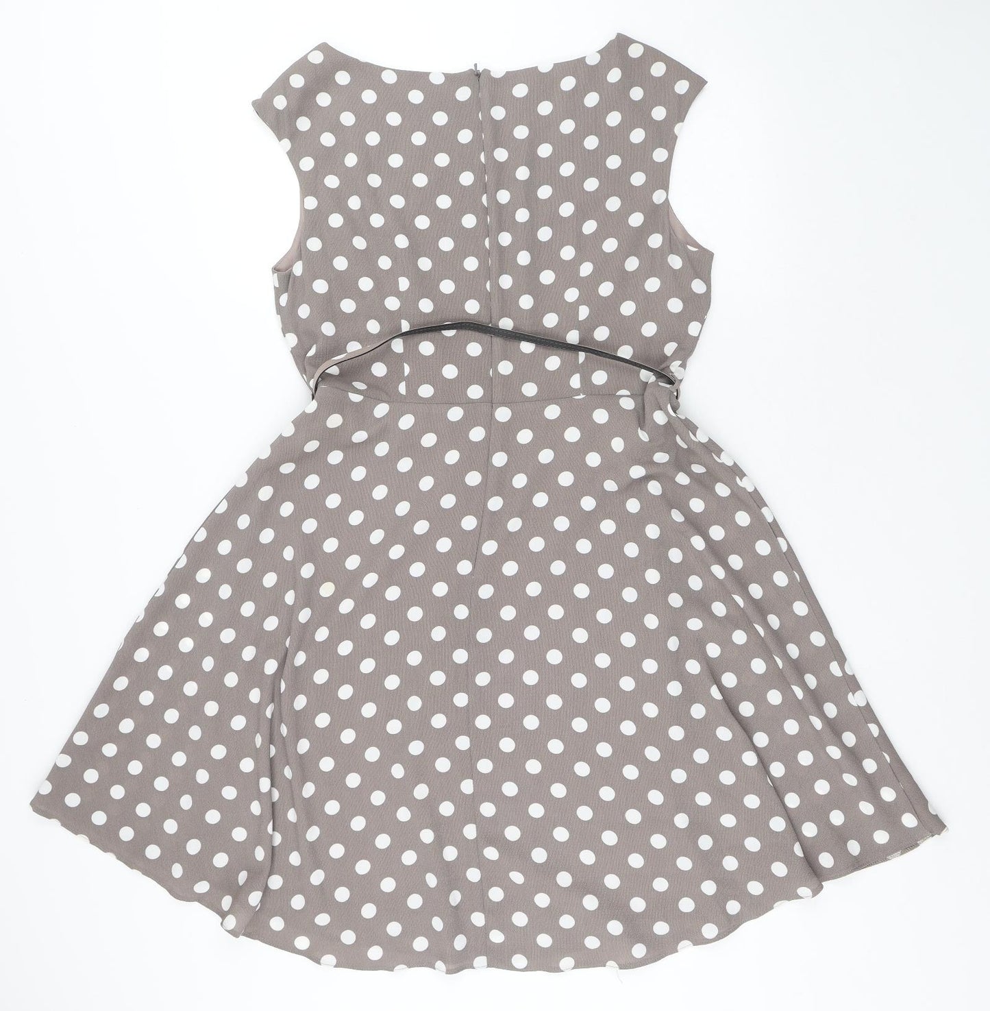 Wallis Womens Brown Polka Dot Polyester A-Line Size 14 Round Neck Zip