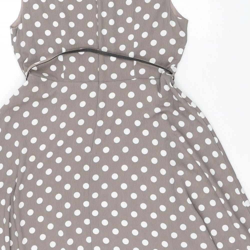 Wallis Womens Brown Polka Dot Polyester A-Line Size 14 Round Neck Zip