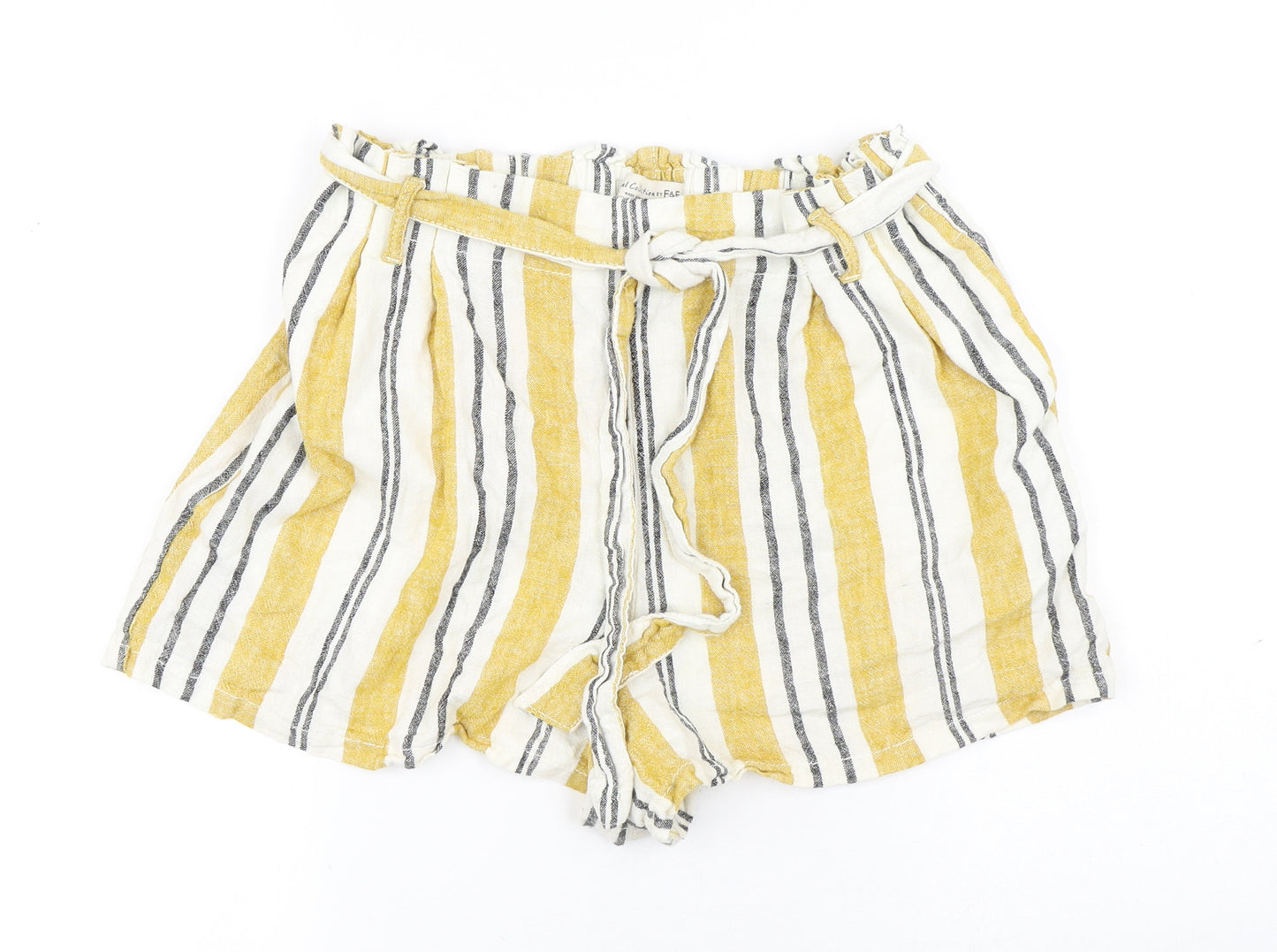 F&F Womens Yellow Striped Linen Paperbag Shorts Size 14 Regular Tie
