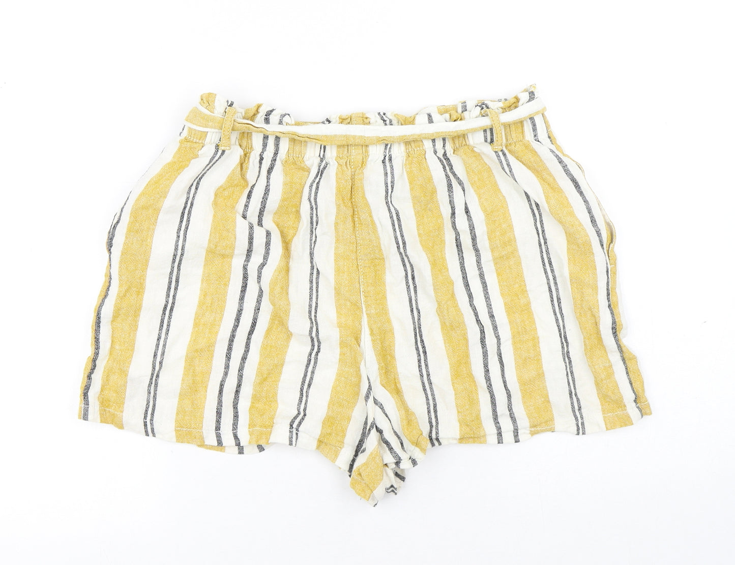F&F Womens Yellow Striped Linen Paperbag Shorts Size 14 Regular Tie