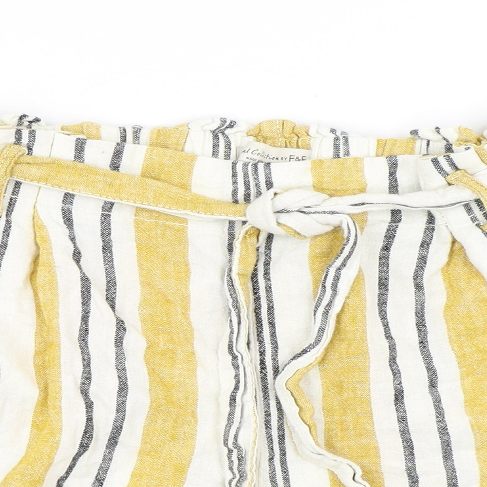 F&F Womens Yellow Striped Linen Paperbag Shorts Size 14 Regular Tie