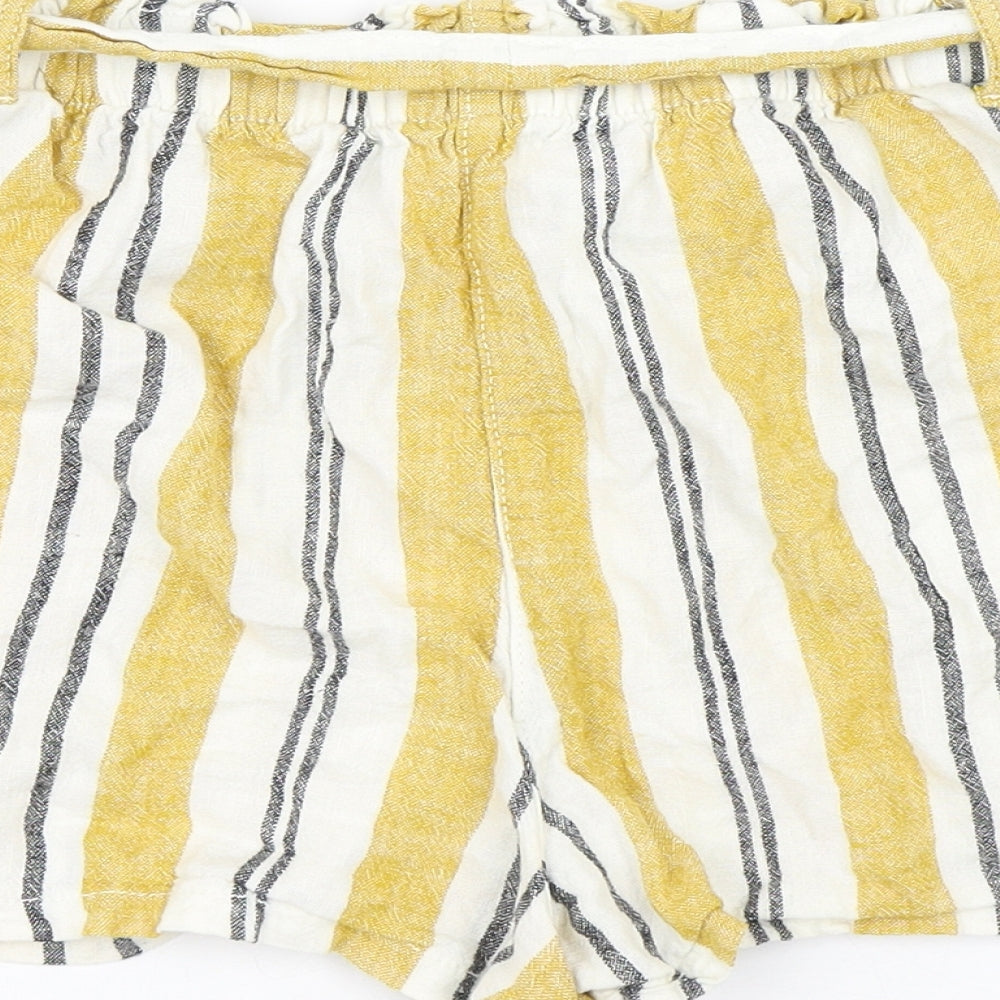 F&F Womens Yellow Striped Linen Paperbag Shorts Size 14 Regular Tie