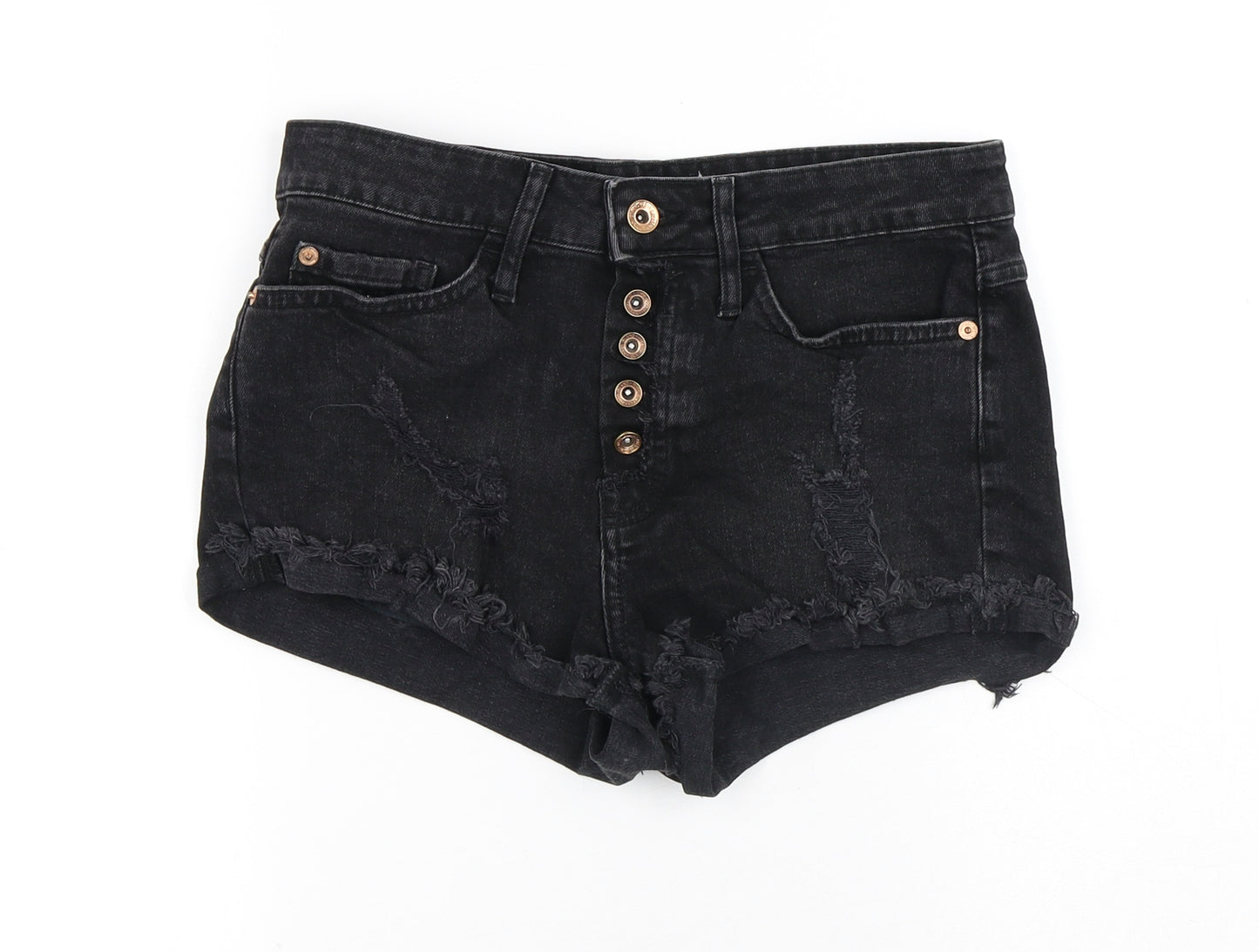 River Island Womens Black Cotton Hot Pants Shorts Size 8 Regular Button - Distressed