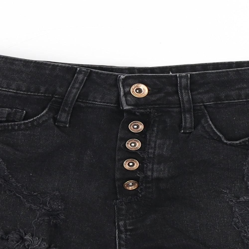 River Island Womens Black Cotton Hot Pants Shorts Size 8 Regular Button - Distressed