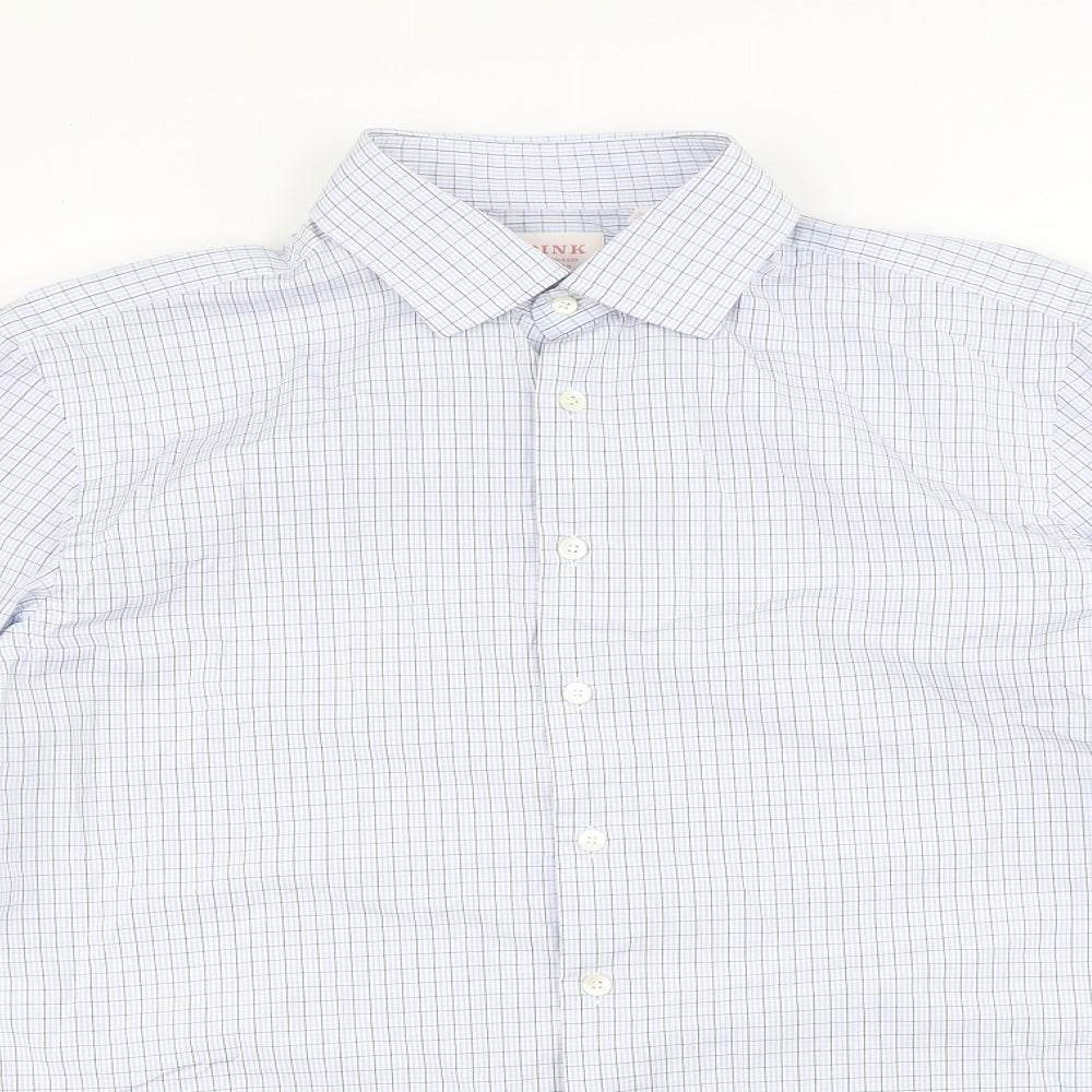 PINK Mens Blue Check Cotton Dress Shirt Size 16 Collared Button