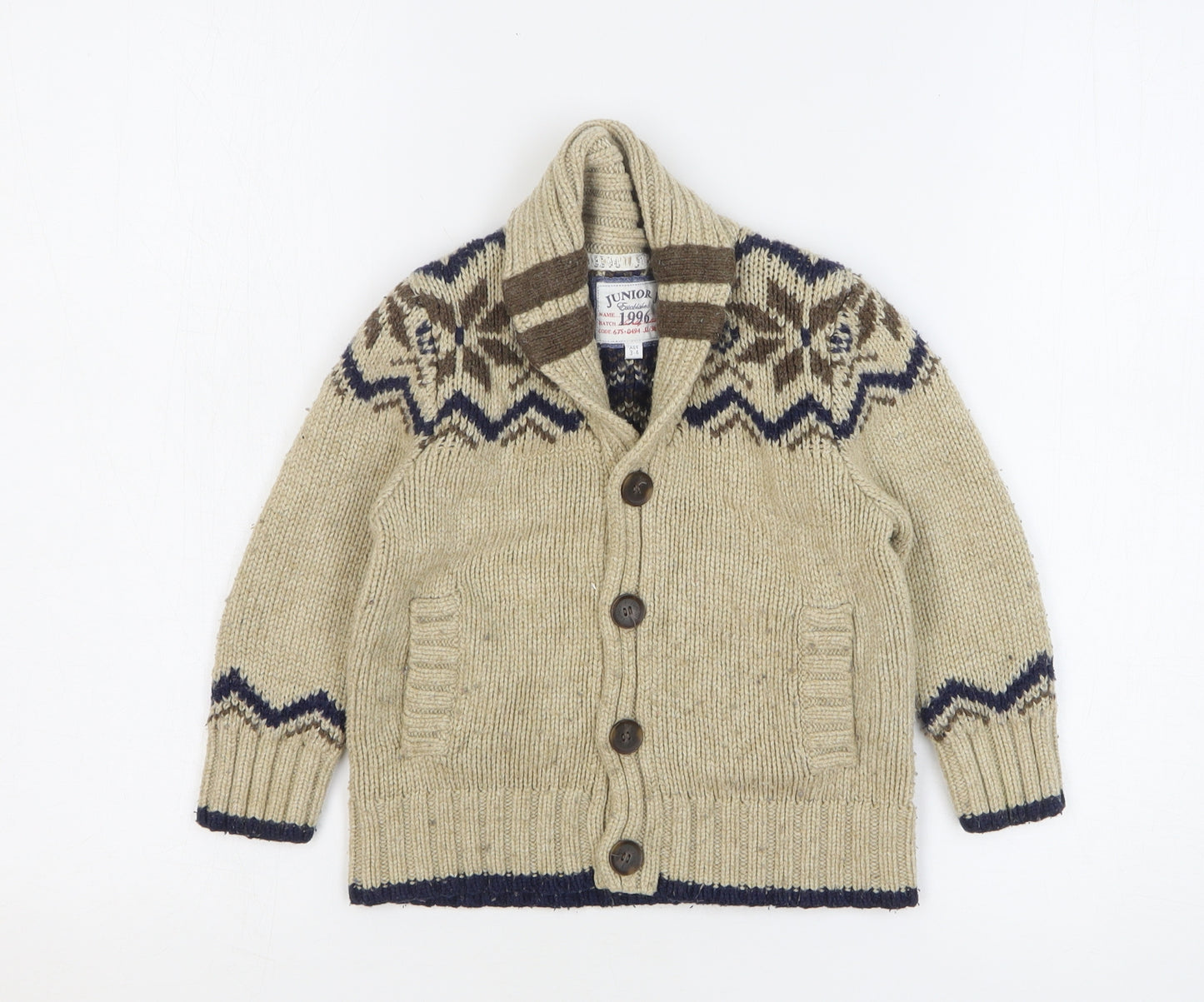 Junior J Boys Beige V-Neck Argyle/Diamond Polyester Cardigan Jumper Size 3-4 Years Button