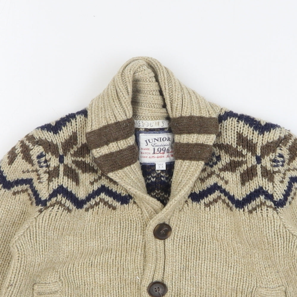 Junior J Boys Beige V-Neck Argyle/Diamond Polyester Cardigan Jumper Size 3-4 Years Button