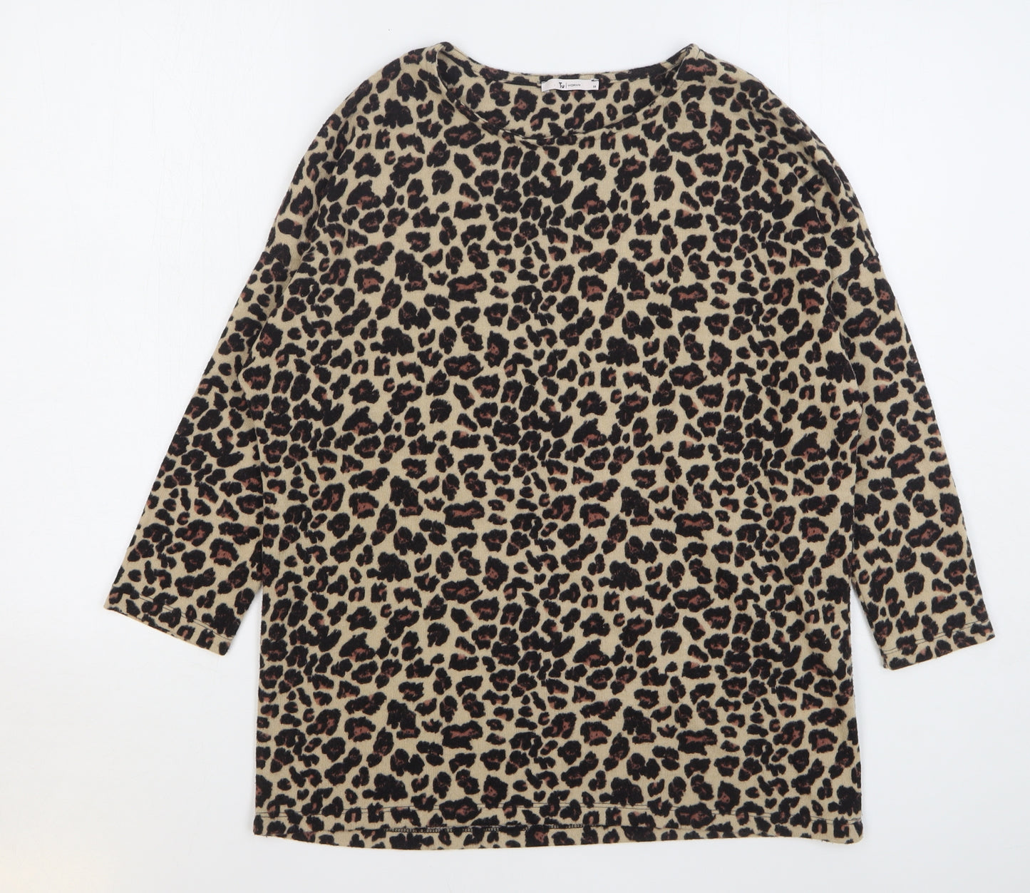 TU Womens Beige Round Neck Animal Print Polyester Pullover Jumper Size 14 - Leopard Print