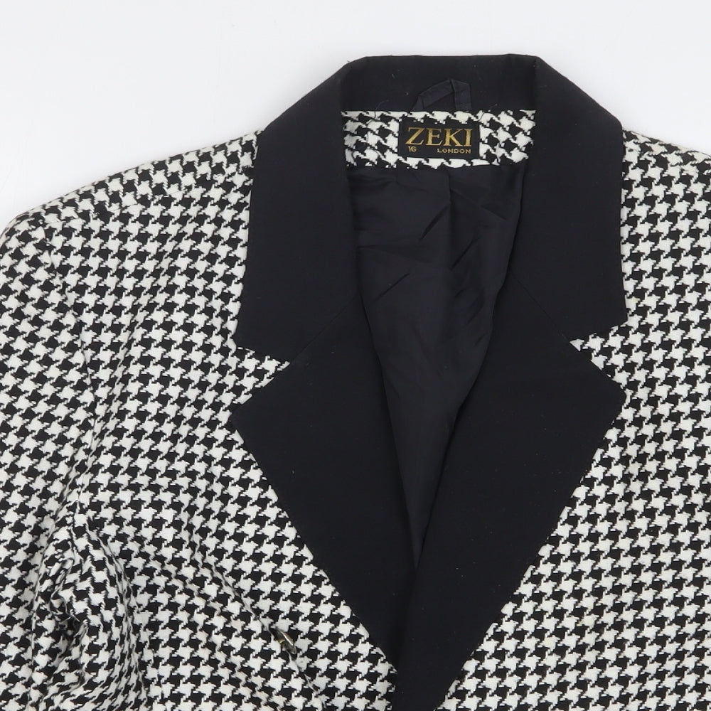 Zeki Womens Black Houndstooth Polyester Jacket Blazer Size 16