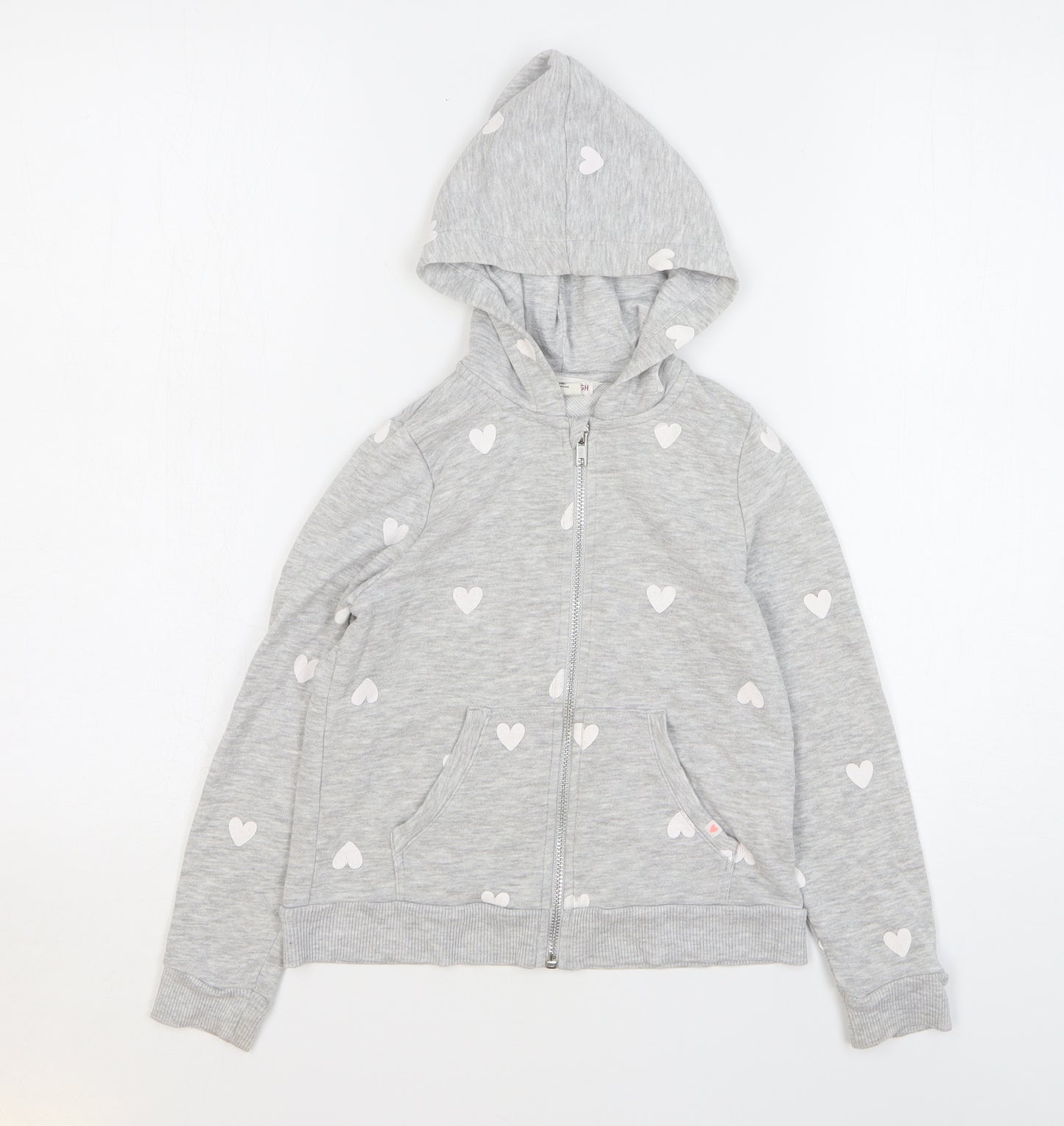 H&M Girls Grey Spotted Cotton Full Zip Hoodie Size 7-8 Years Zip - Love Hearts