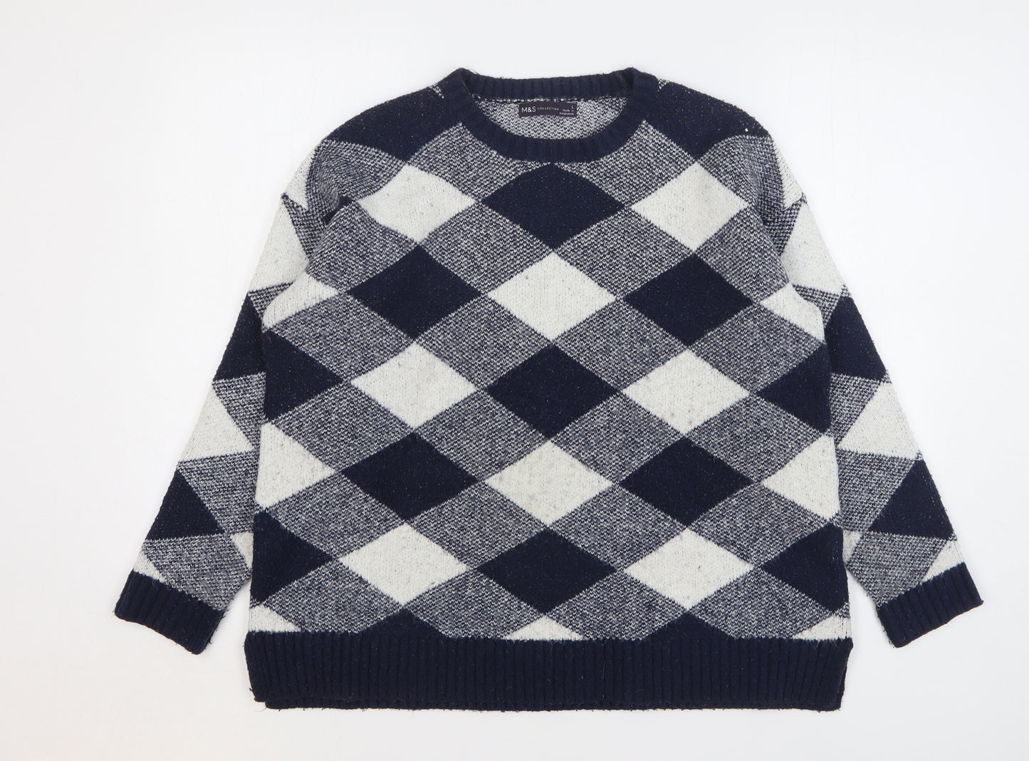 Marks and Spencer Womens Blue Round Neck Check Acrylic Pullover Jumper Size L