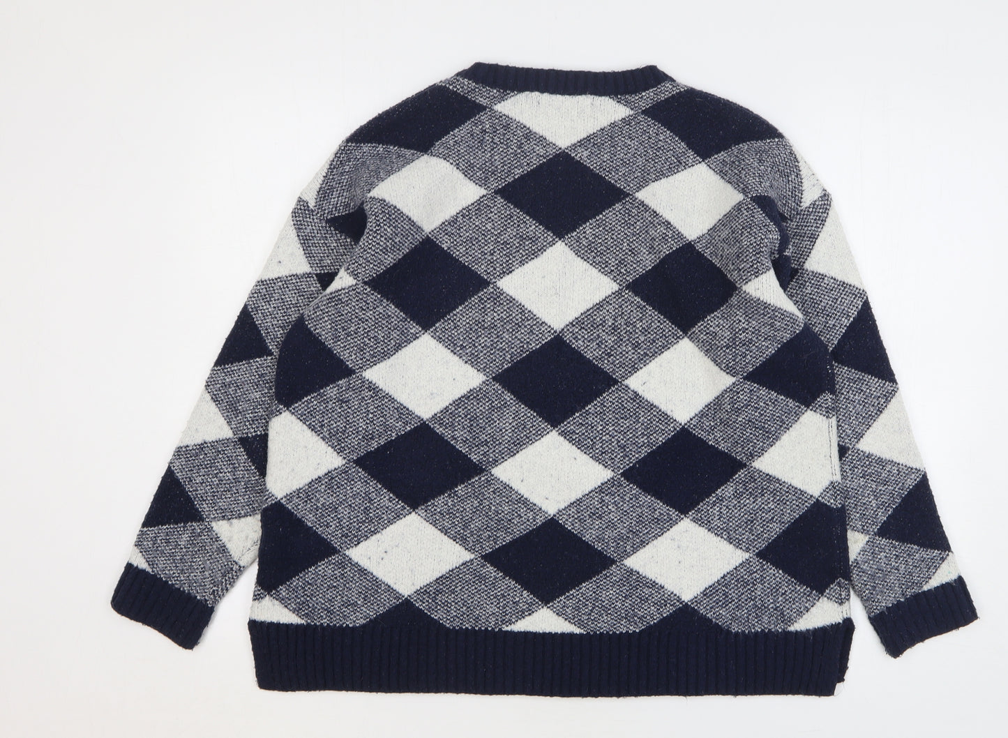 Marks and Spencer Womens Blue Round Neck Check Acrylic Pullover Jumper Size L