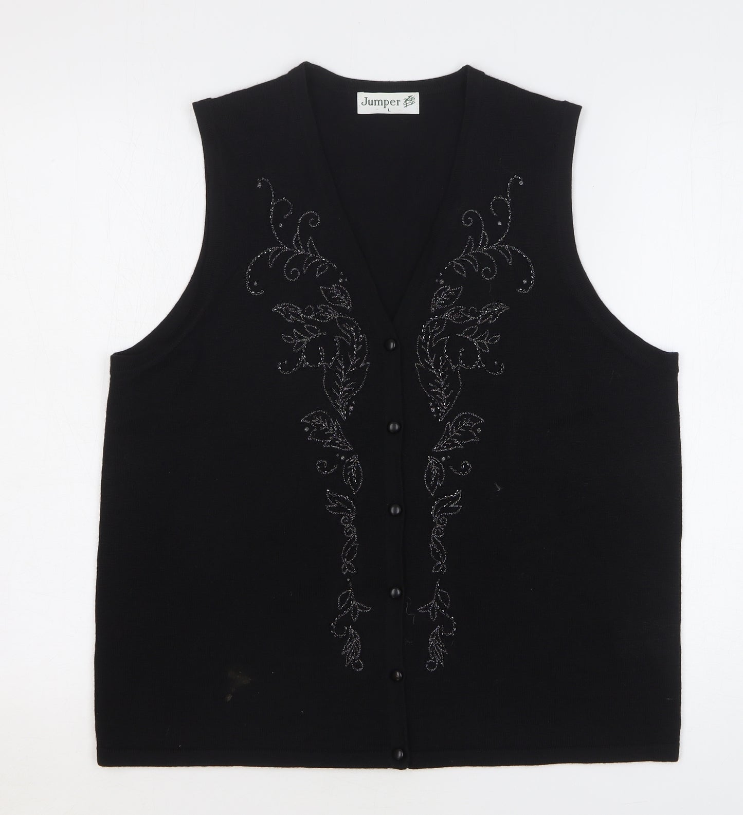 Jumper Womens Black V-Neck Floral Wool Vest Jumper Size L