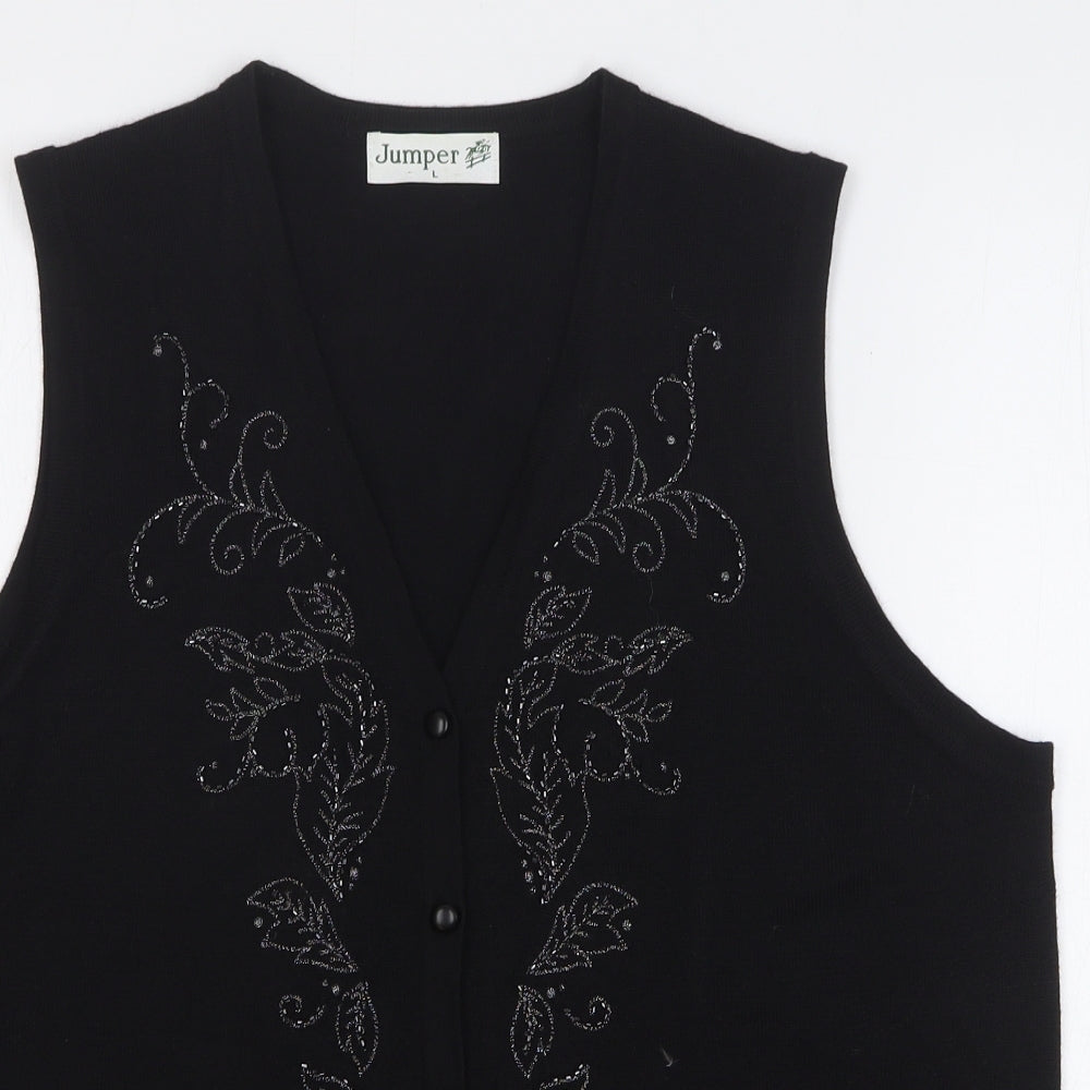 Jumper Womens Black V-Neck Floral Wool Vest Jumper Size L