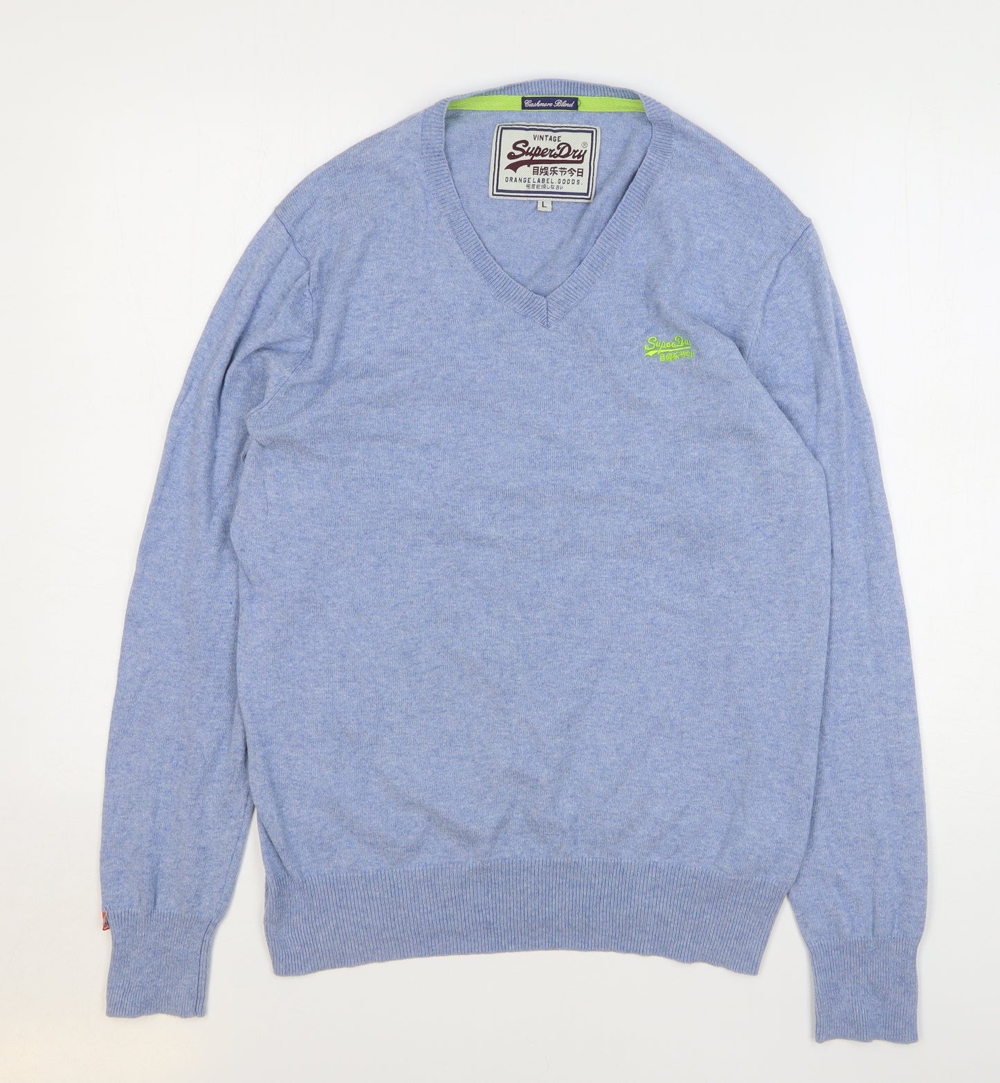Superdry Mens Blue V-Neck Cotton Pullover Jumper Size L