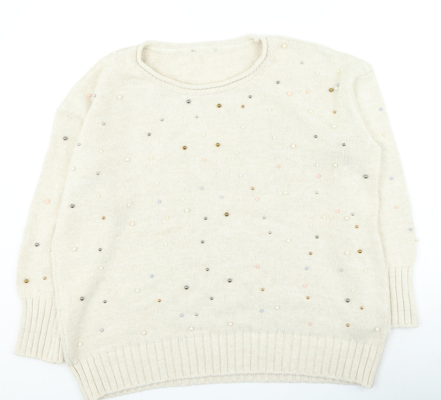 George Womens Beige Round Neck Acrylic Pullover Jumper Size 20 - Pearls