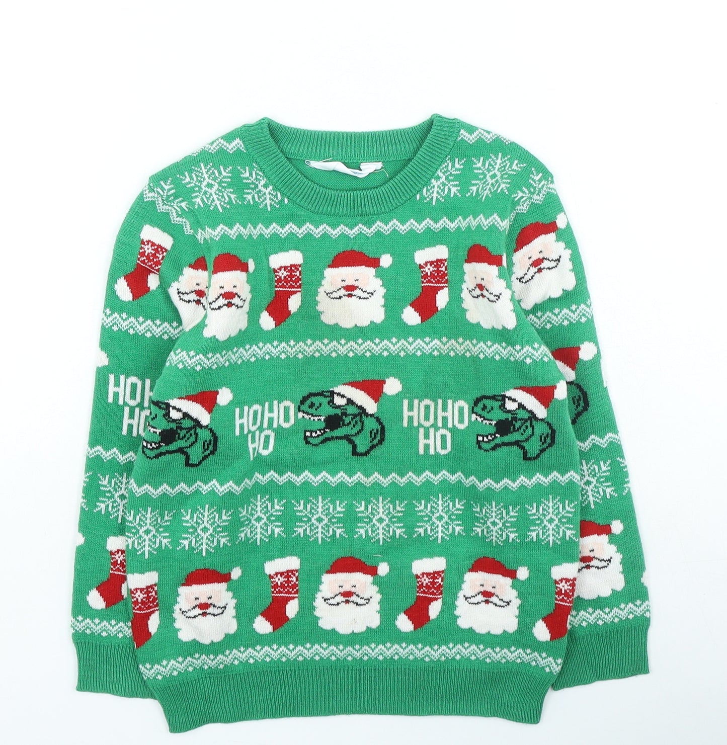 Primark Boys Green Round Neck Geometric Acrylic Pullover Jumper Size 4-5 Years Pullover - Christmas Dinosaur